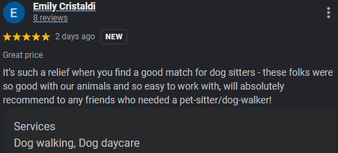 Google review by Emily Cristaldi for Demi's Garden Pet Services